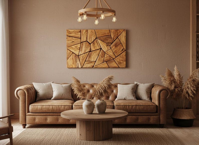 Olive Wood Mosaic Geometric Detail Golden-Brown Tones