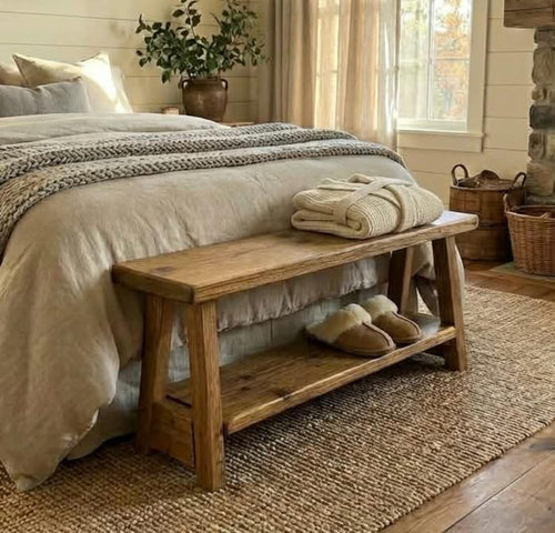 Handmade Reclaimed Wood Bed End Bench Light Oak Finish
